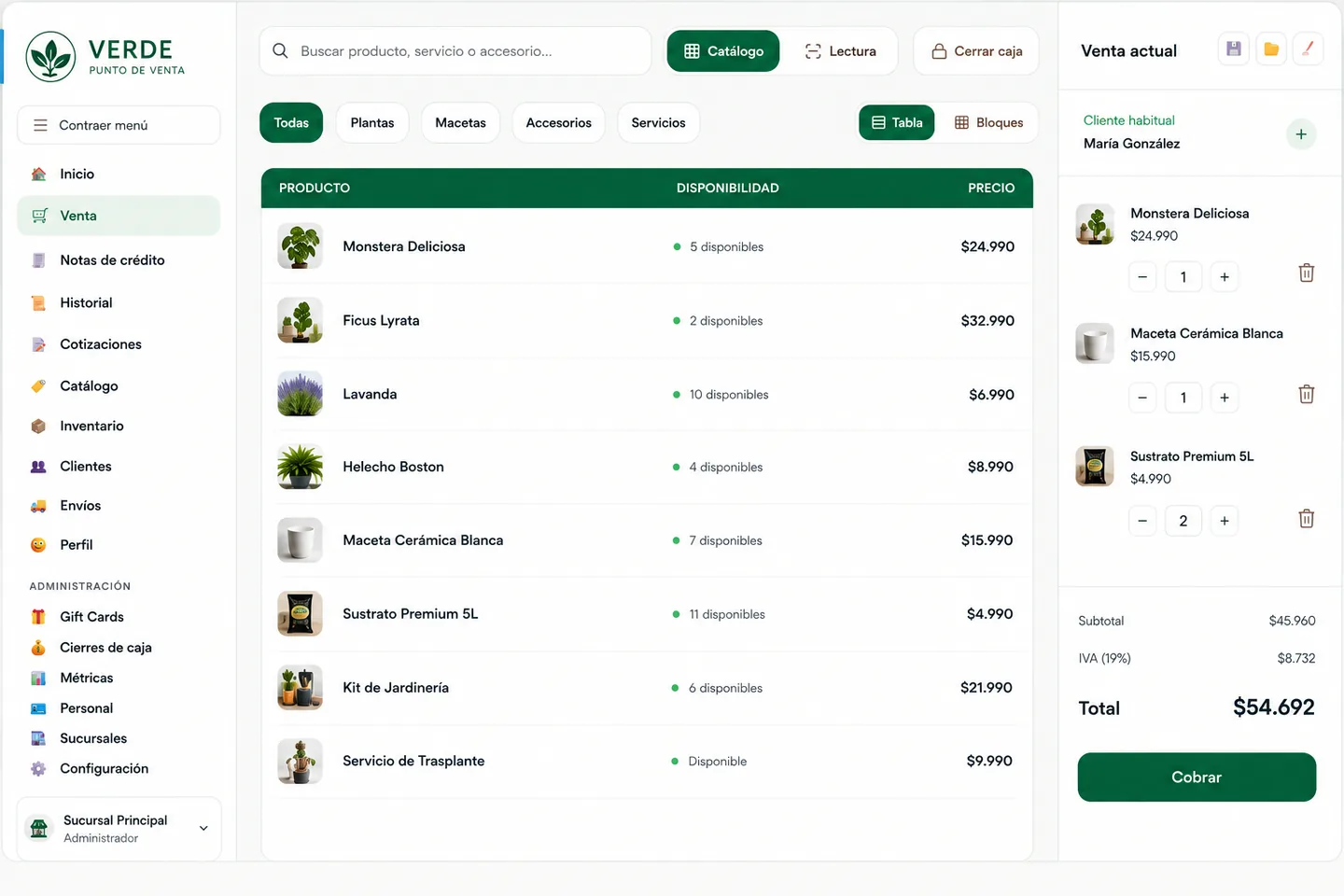 Pantalla de venta con el catálogo de productos y servicios a la izquierda, su disponibilidad y precio, y a la derecha la venta en curso con el subtotal, el IVA y el total a cobrar.